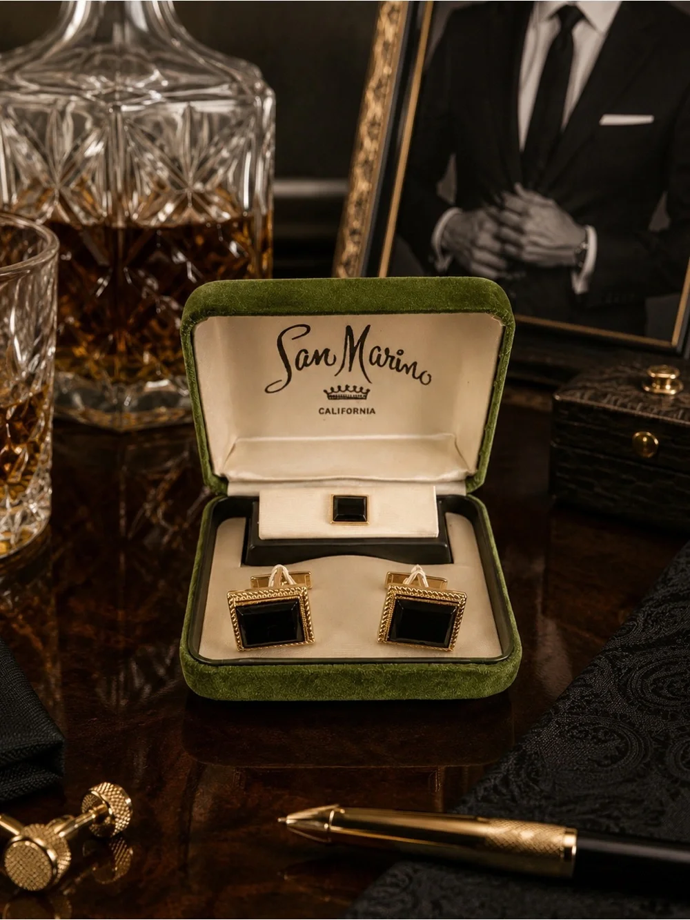 Vintage San Marino Gold Onyx Cufflinks Set Tie Tack Formal Mens Jewelry